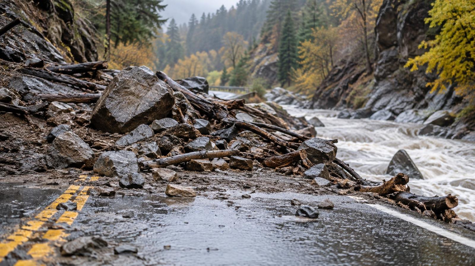 A wet mountain road blocked by mud, rocks, and broken branches from a flood.