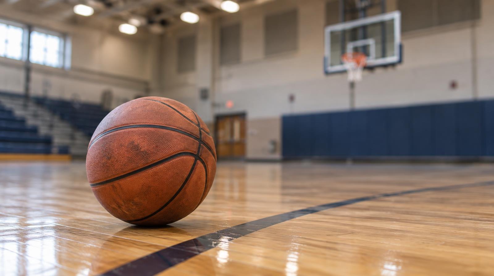 A basketball resting on a hardwood gymnasium floor near the three-point arc.