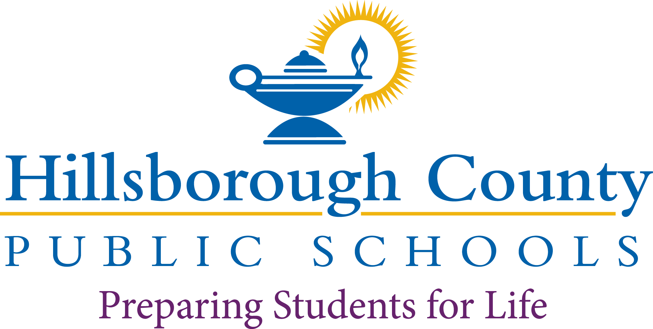 Blue and gold school district logo with an oil lamp and the words Hillsborough County Public Schools.
