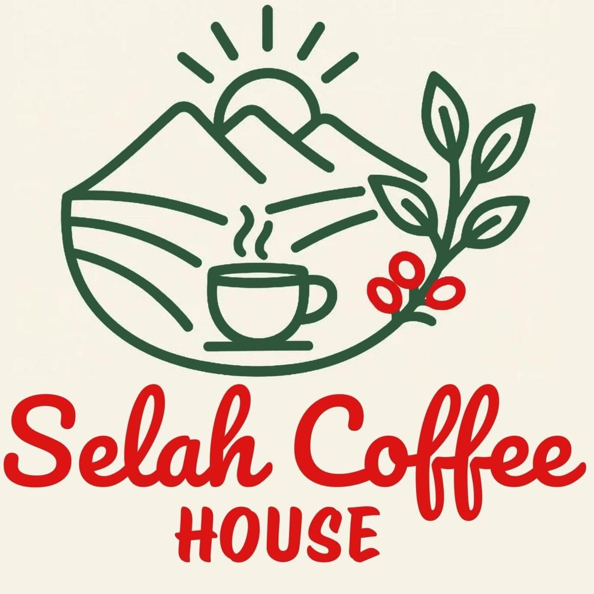 Green and red line-art logo reading Selah Coffee House with mountains, sun, and coffee cup.