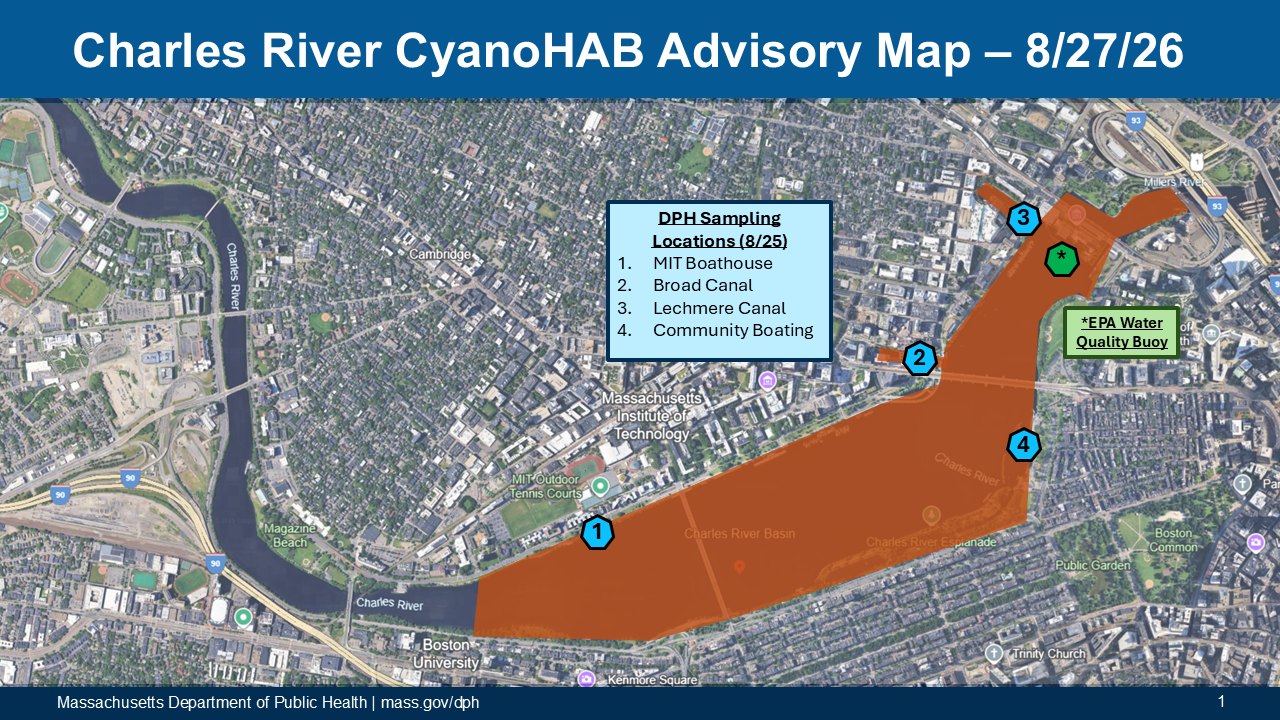 Map showing orange-shaded cyanobacteria advisory zone along the Charles River lower basin.