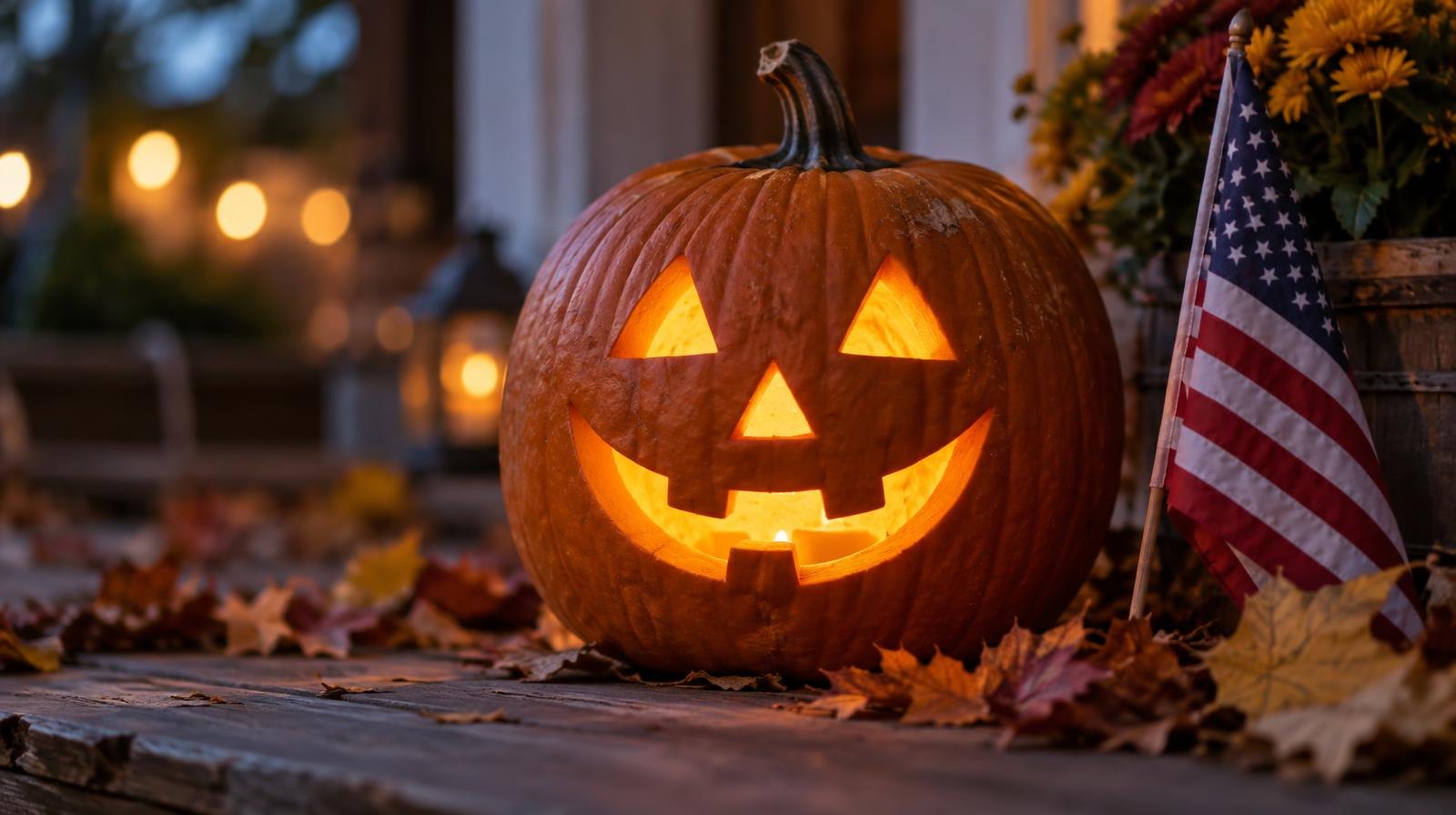 A glowing carved pumpkin beside autumn leaves and a small American flag on a wooden surface.