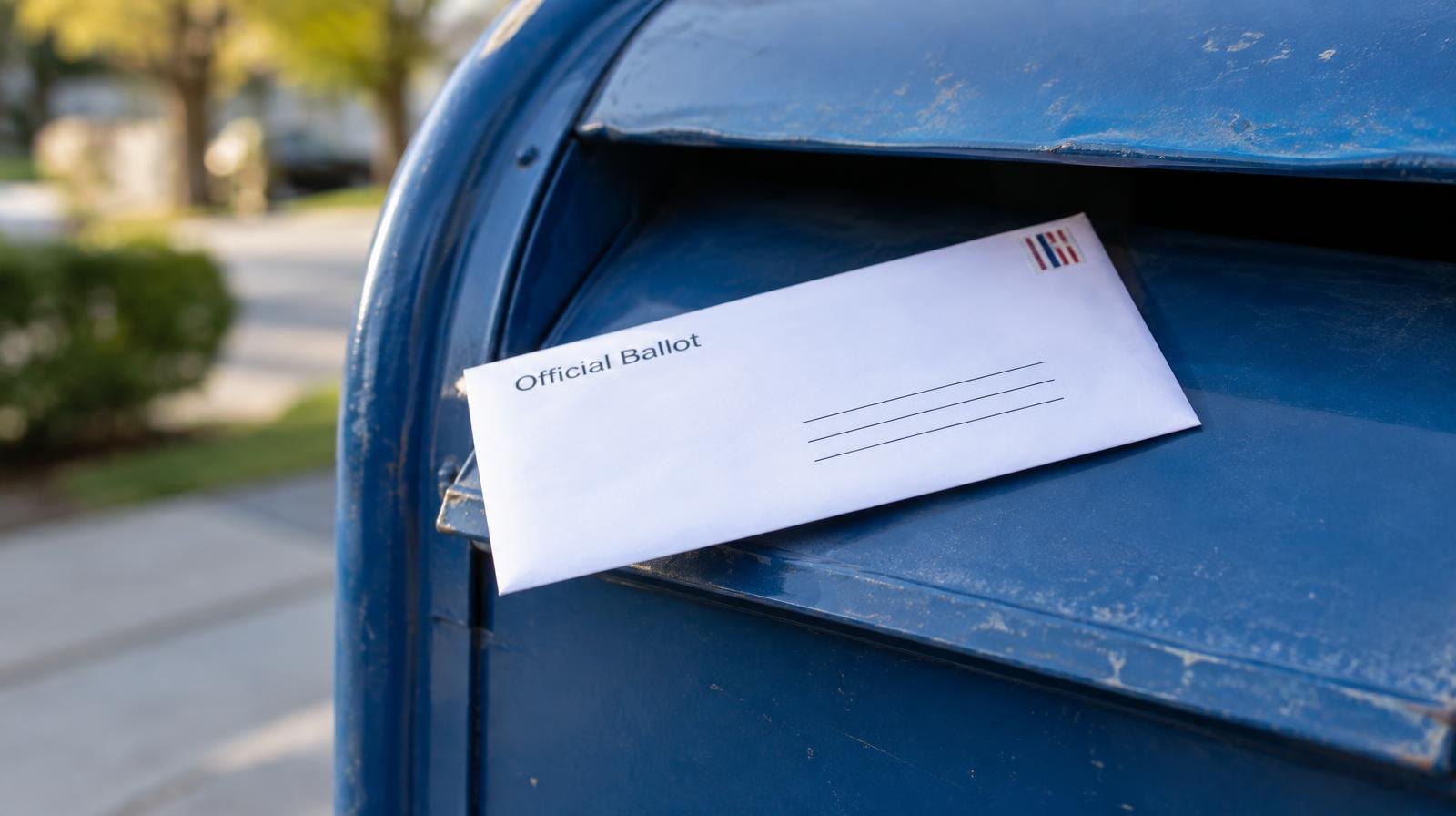 A white sealed envelope resting on the slot of a blue mail collection box.