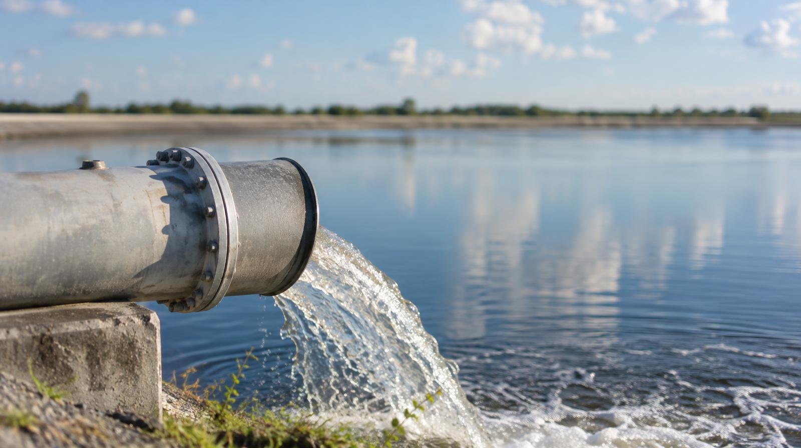 Wide open-air reservoir with calm water reflecting a bright sky.