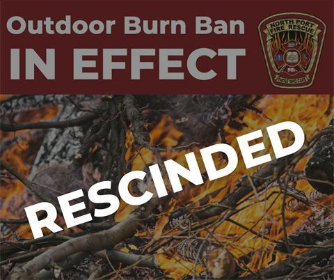 Graphic stamped 'Rescinded' over an outdoor burn ban notice, with burning branches in the background.