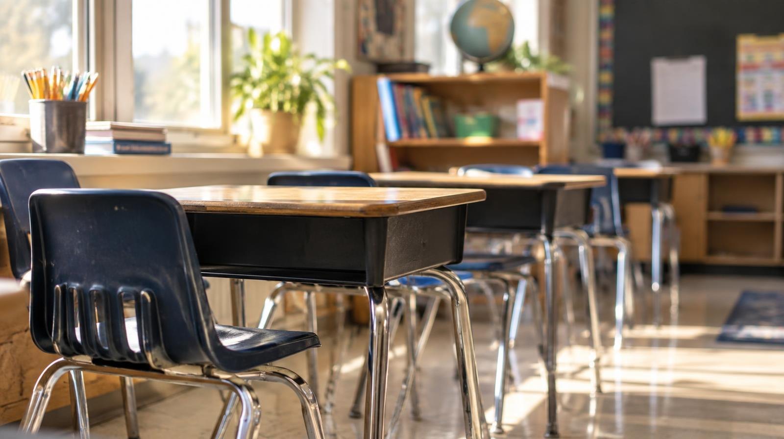 Rows of small empty student desks and chairs in a sunlit classroom.