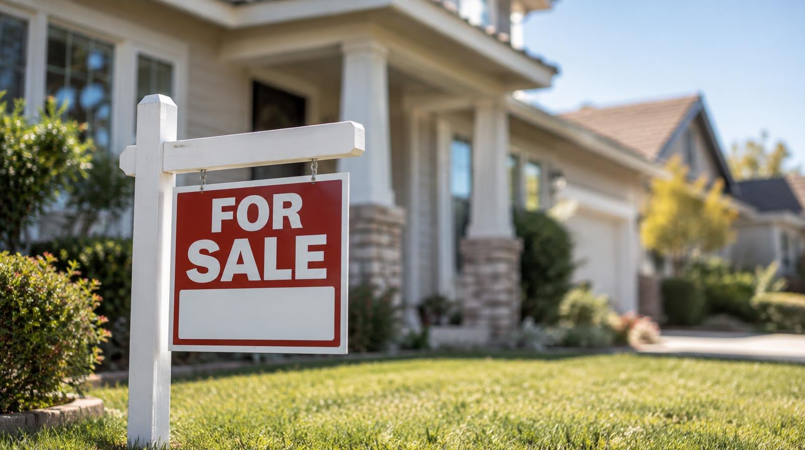 A suburban house with a for-sale sign on a sunny day.