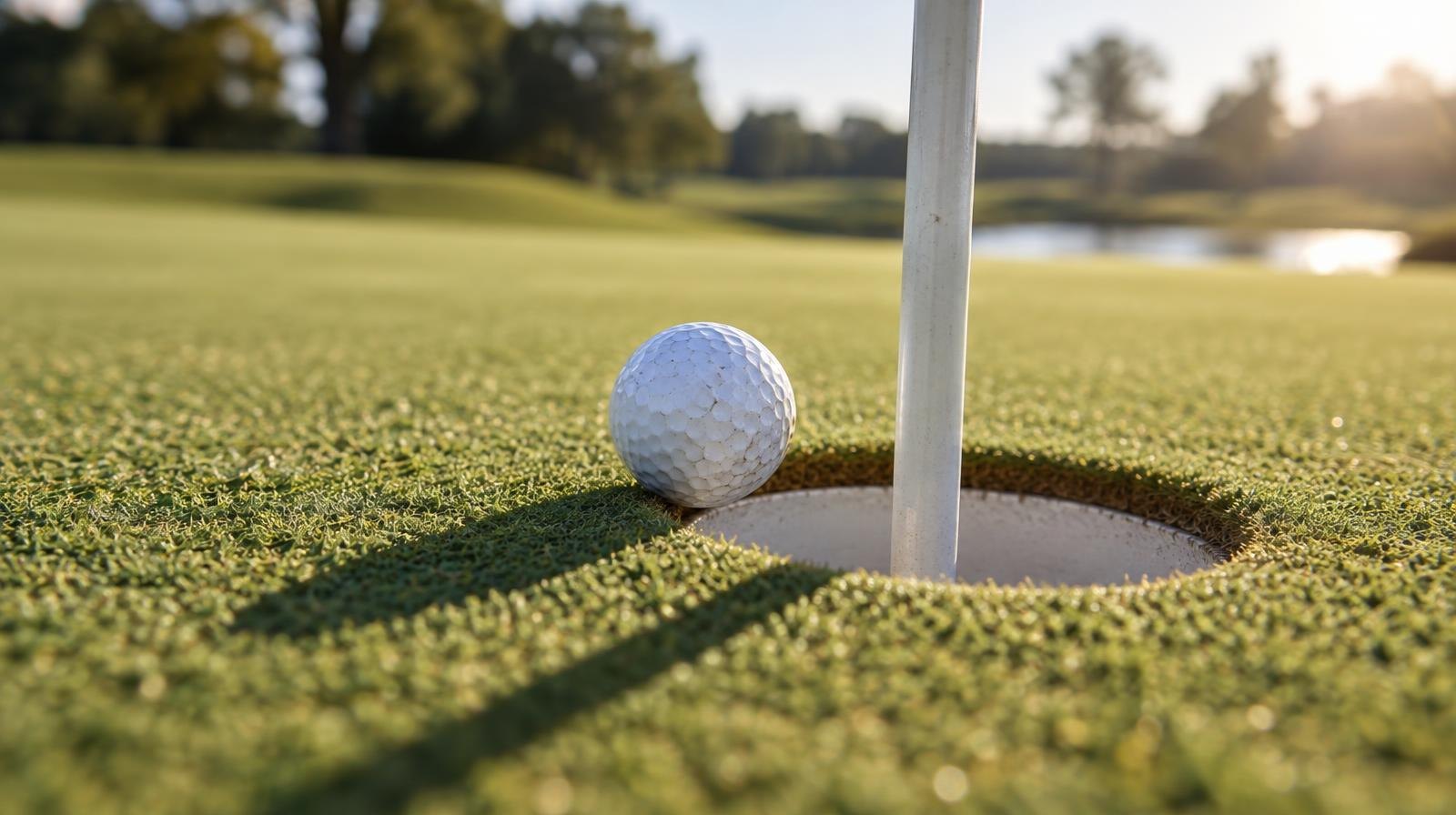 A golf ball balanced on the edge of a hole on a manicured putting green.