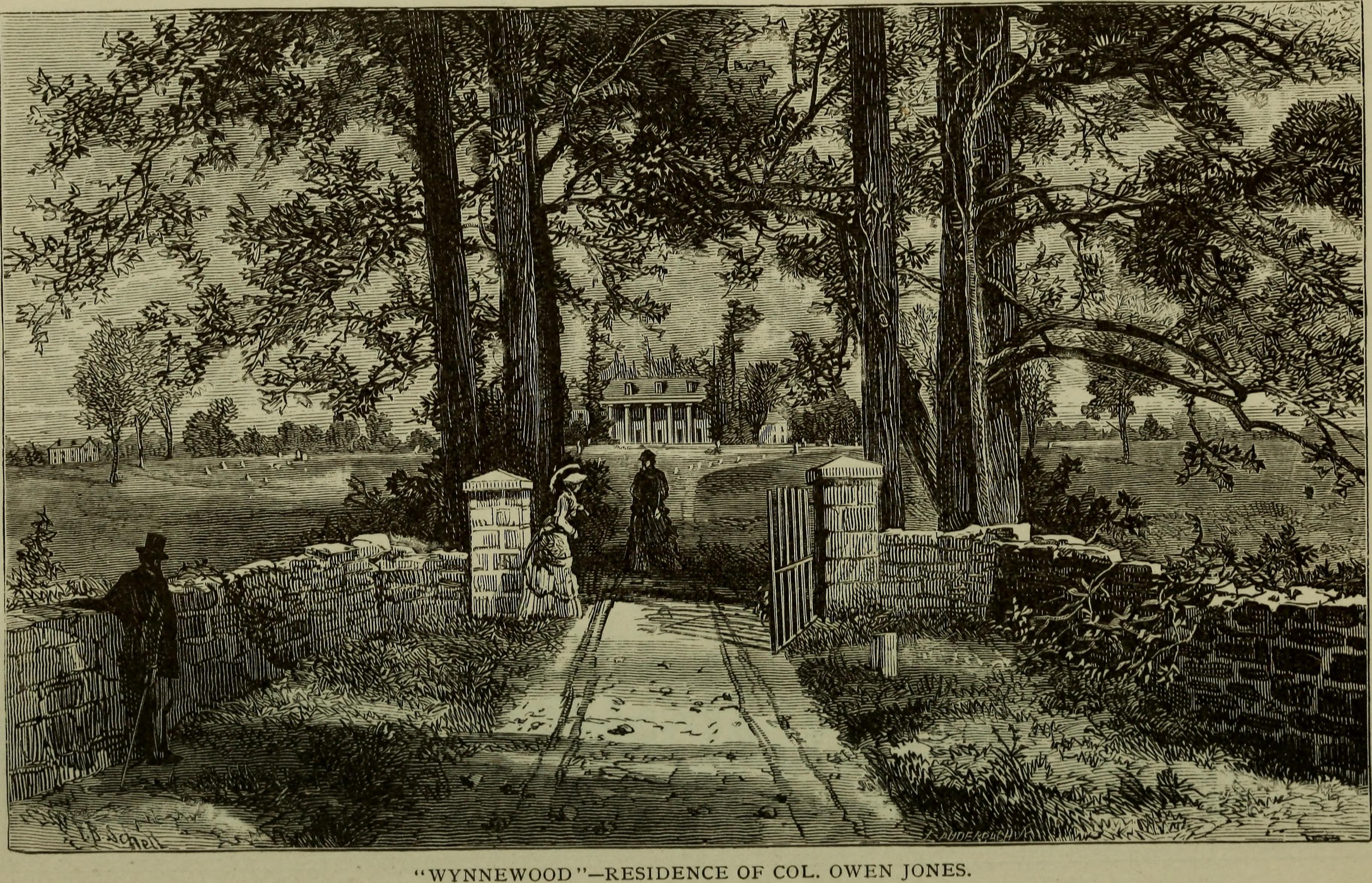 Historic engraving of a gated estate entrance with a large mansion set among trees.