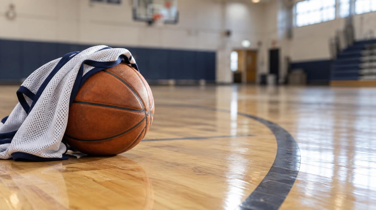 A basketball resting on a hardwood court near the three-point arc.