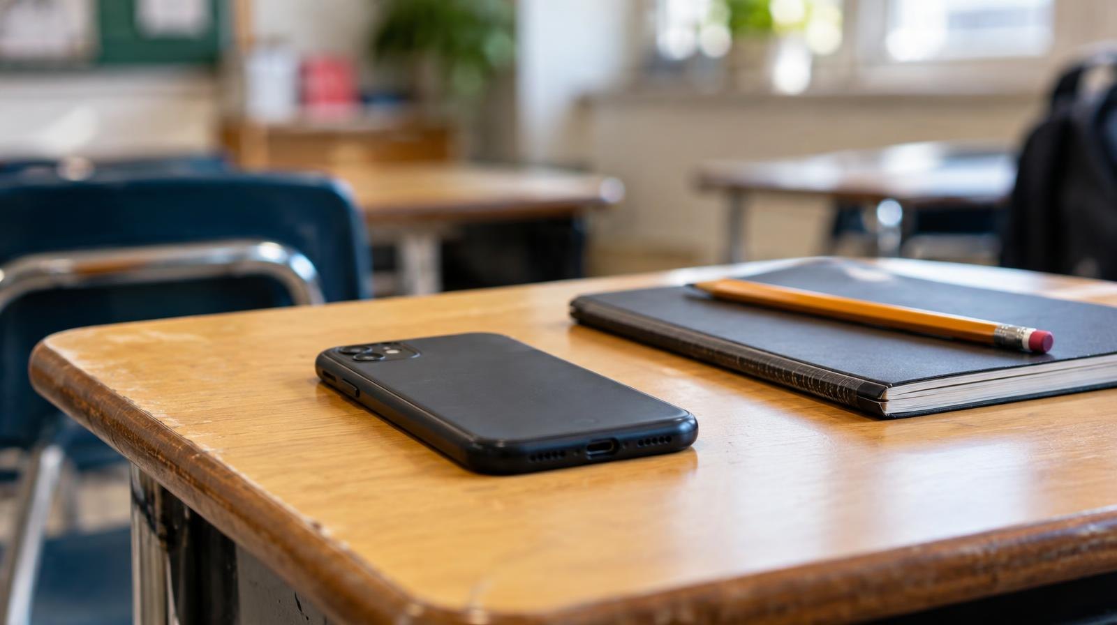 A smartphone face-down on a wooden school desk next to a closed notebook and pencil.