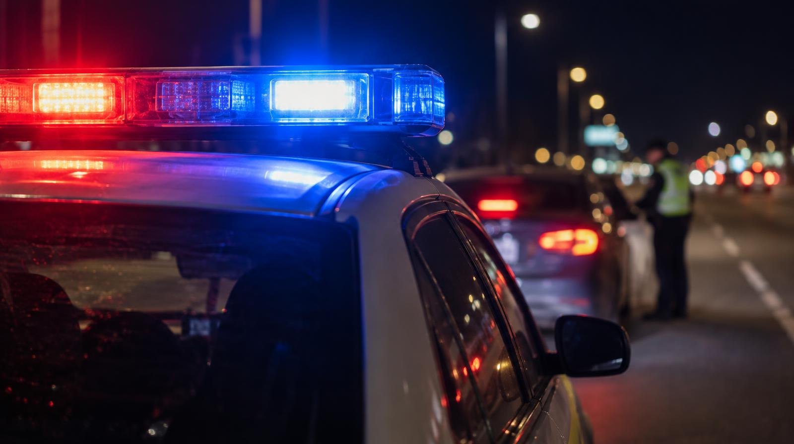 Red and blue emergency lights glow on a police patrol car at night.