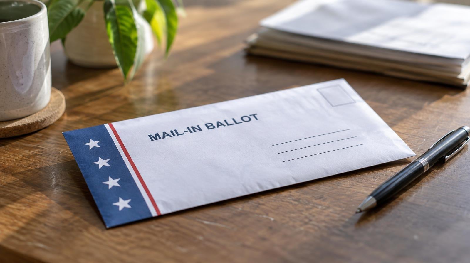A sealed mail-in ballot envelope on a wooden table next to a pen.