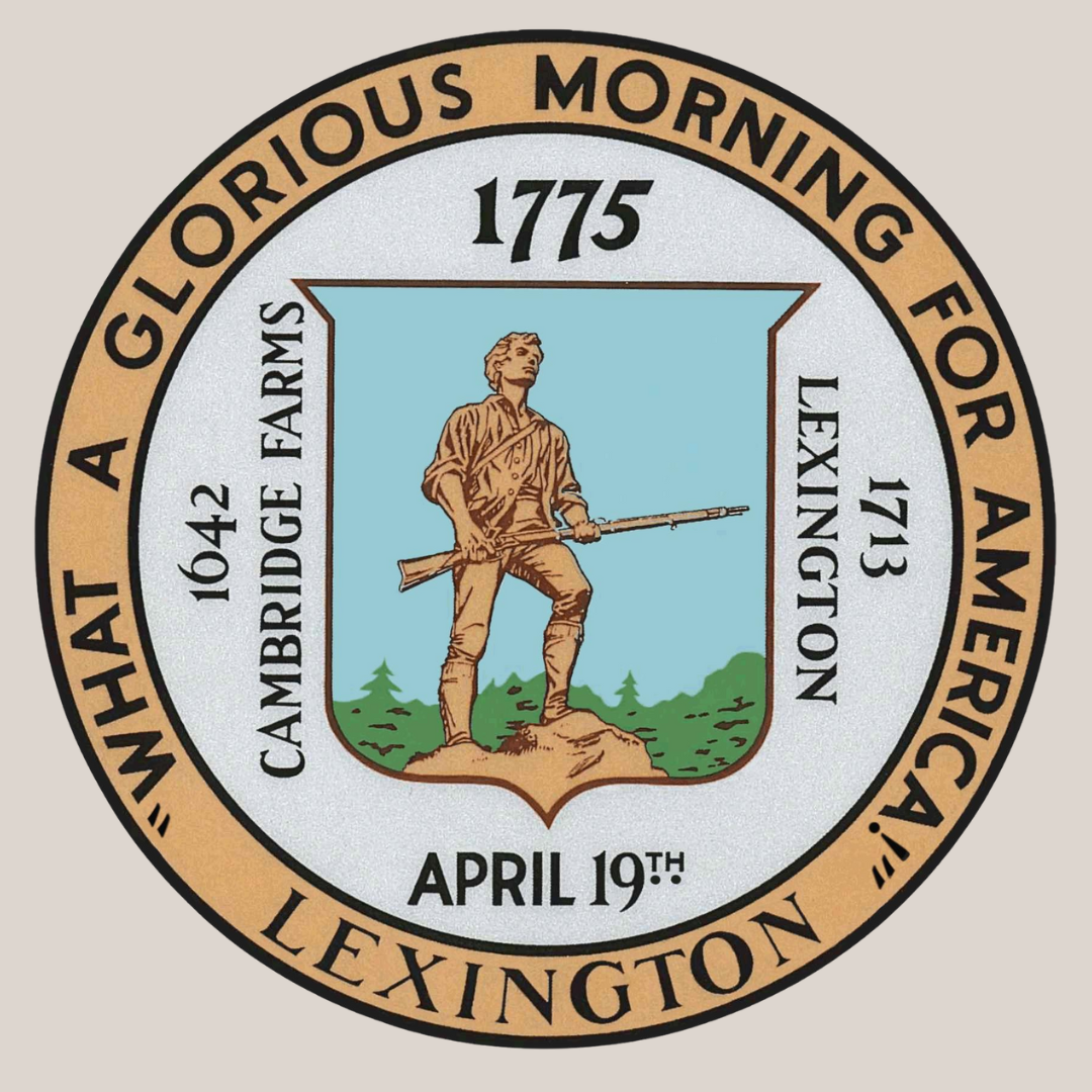 Official seal of Lexington, Massachusetts, featuring a minuteman and the motto 'What a Glorious Morning for America.'