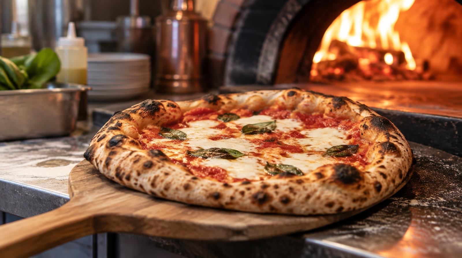 A charred Neapolitan pizza on a wooden peel before a glowing brick oven.