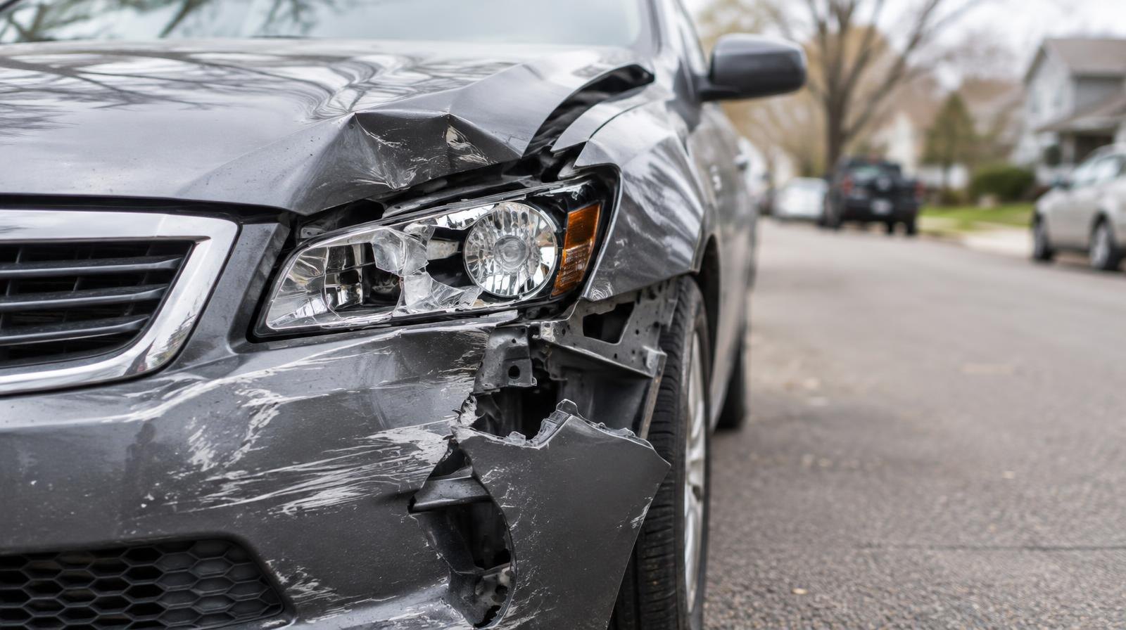 A damaged parked car with a crumpled bumper and broken headlight on a residential street.