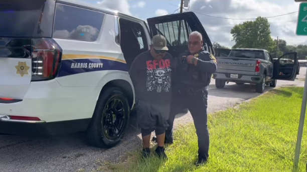 Man in handcuffs walking out of a police cruiser.