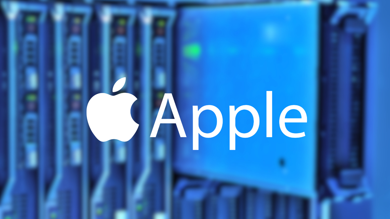 Apple logo and wordmark displayed over a blurred image of blue data center servers.
