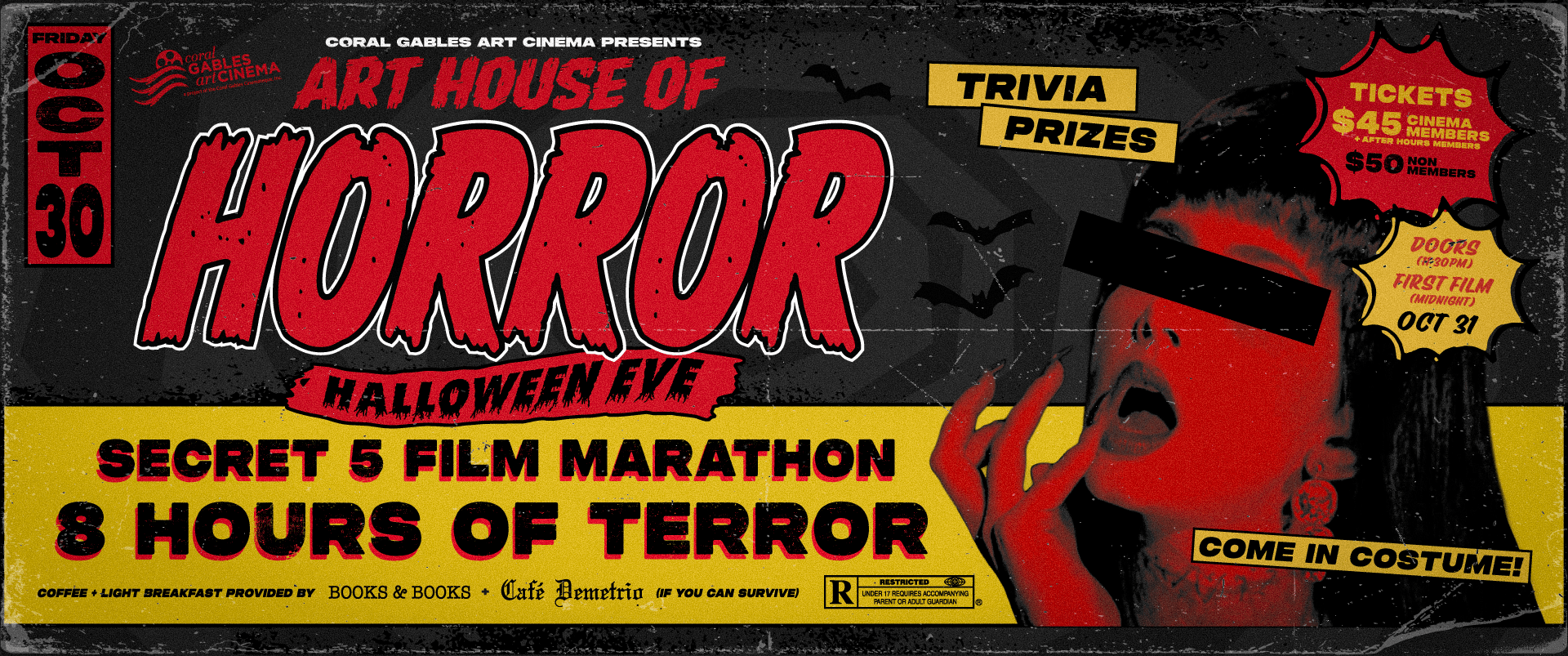 Official Art House of Horror banner advertising a secret five-film Halloween marathon at Coral Gables Art Cinema.