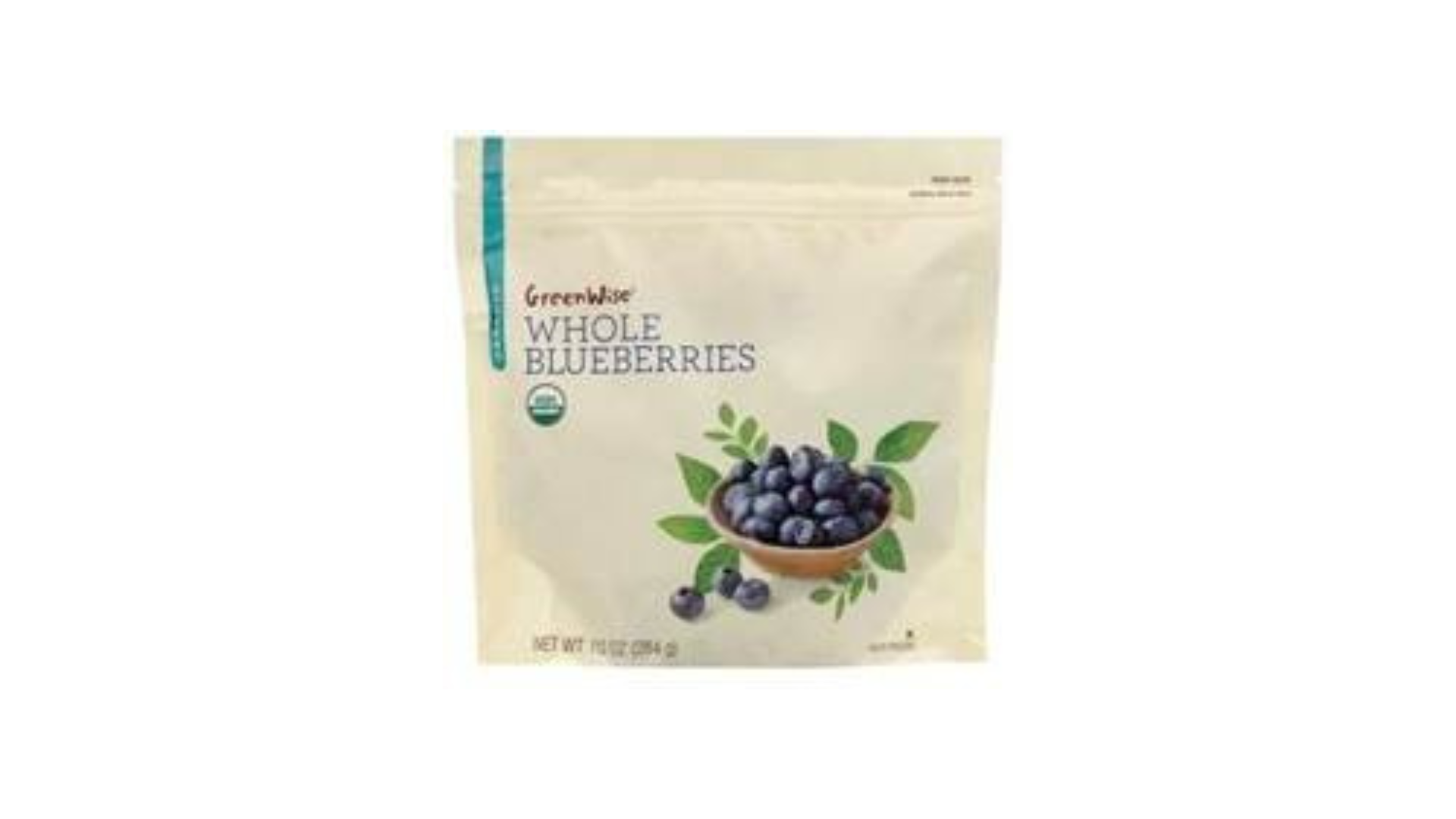 Bag of frozen blueberries in bowl.