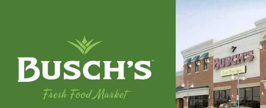 Busch's Fresh Food Market logo beside an exterior photo of a Busch's grocery store storefront.