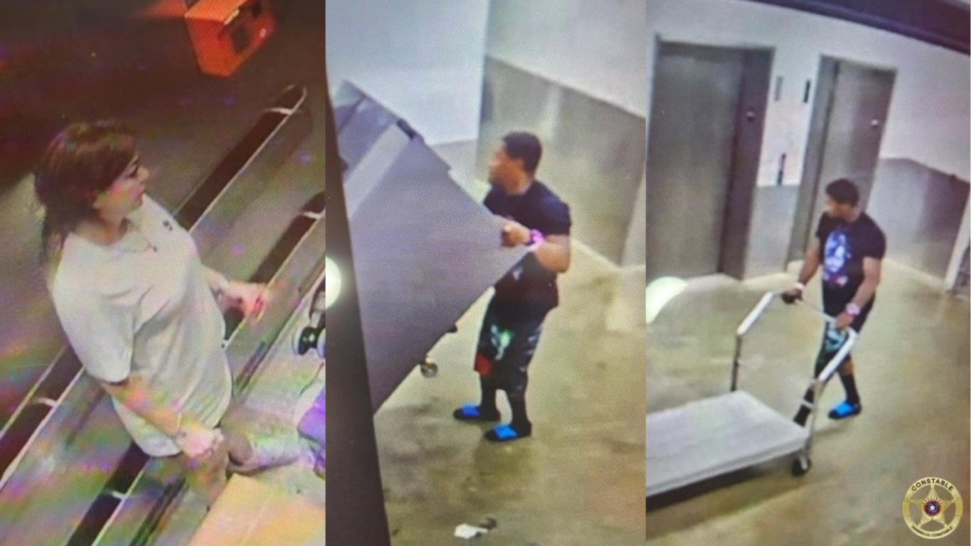 Security camera footage in three panels showing a woman and two men inside a building, one man carrying a large flat object and another pushing a metal cart near elevators, related to a storage unit burglary investigation.