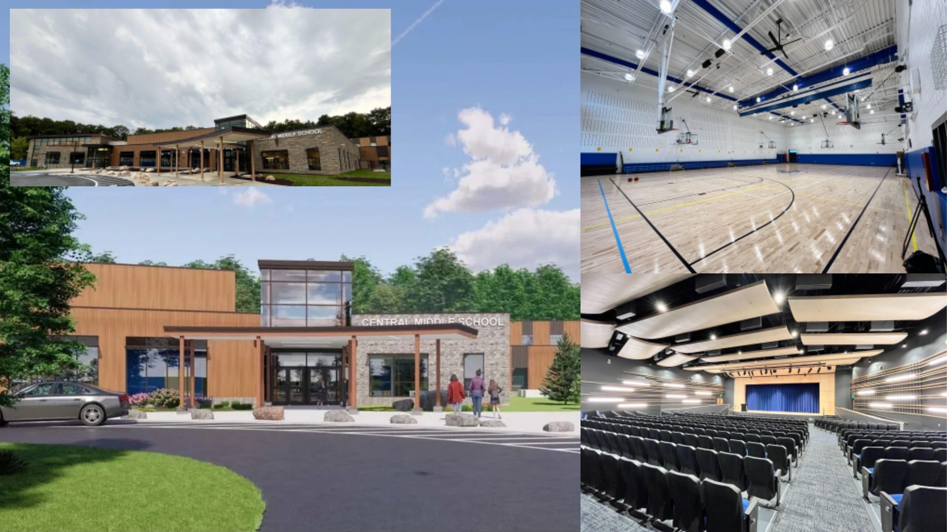 Collage showing Greenwich’s Central Middle School exterior and entrance rendering, gymnasium with basketball courts, and auditorium with rows of seats facing a stage.