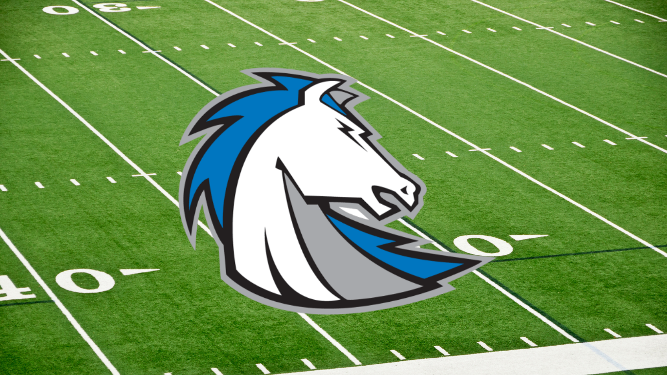 Blue, white and gray horse head logo centered on a green football field with white yard lines and numbers.