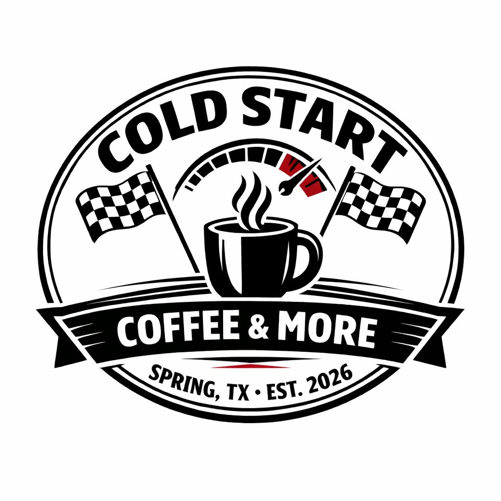 Circular logo for Cold Start Coffee & More in Spring, Texas, featuring a steaming coffee cup, a racing speedometer and crossed checkered flags.