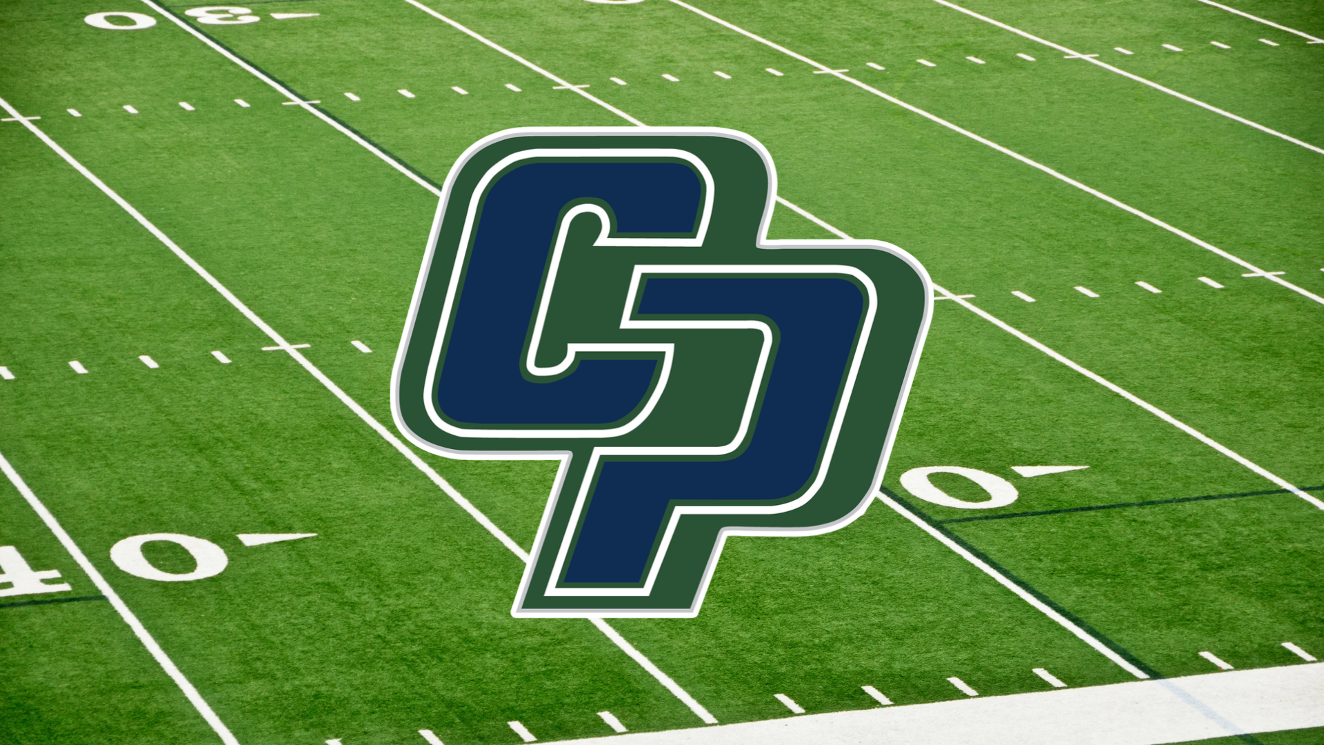 Green and navy CP logo on turf field background.