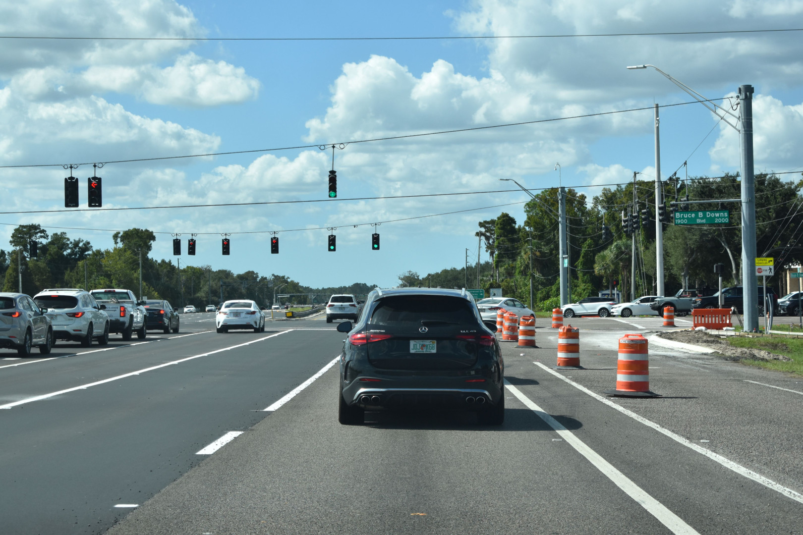 Traffic and construction barrels on westbound State Road 56 at Bruce B. Downs Boulevard in Wesley Chapel, Oct. 21, 2026.