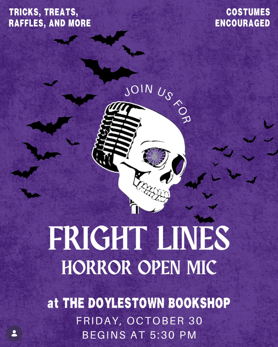 Doylestown Bookshop flyer for a special Fright Lines Open Mic & Halloween Bash