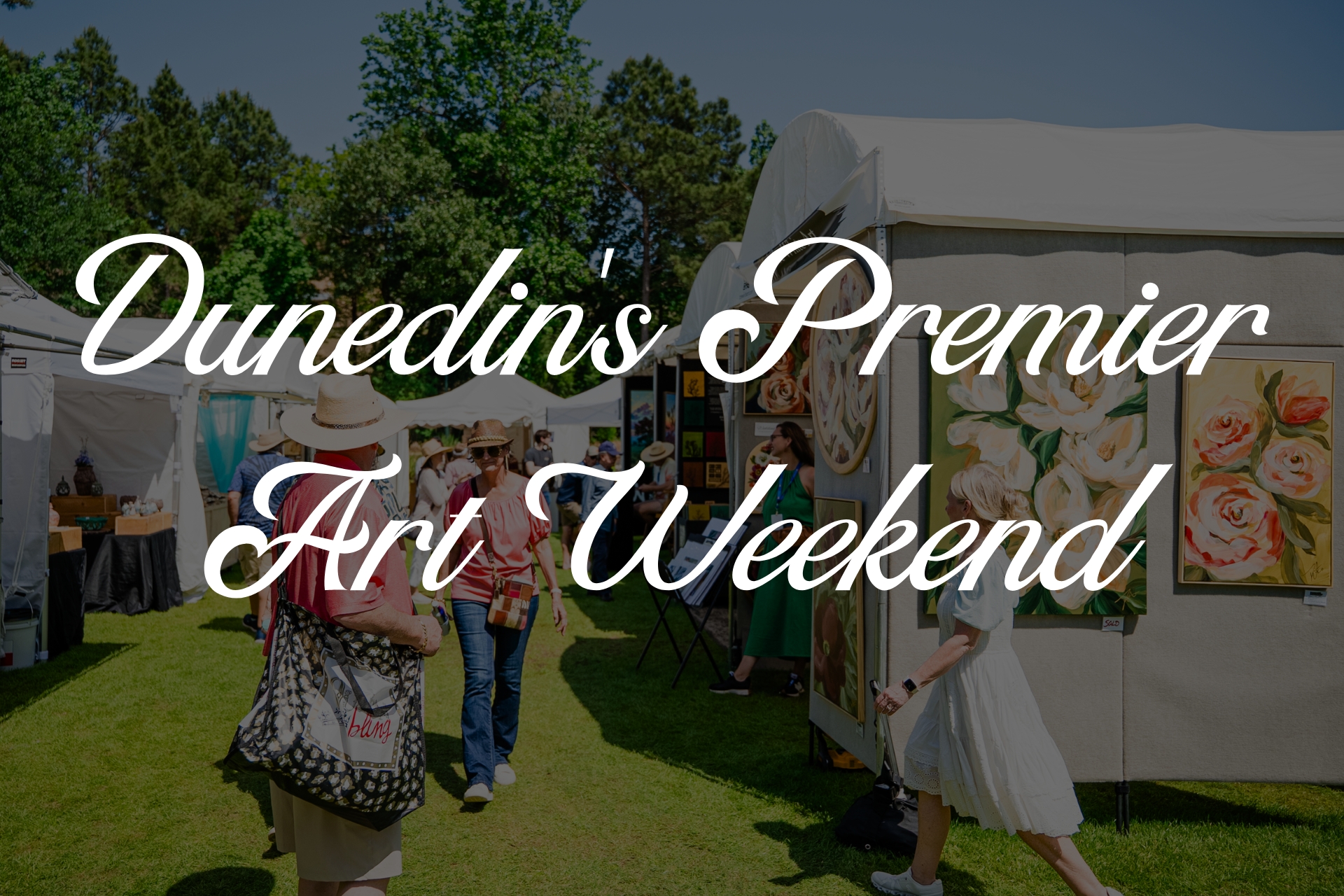 Promotional artwork for Dunedin’s Premier Art Weekend showing outdoor art booths and visitors.