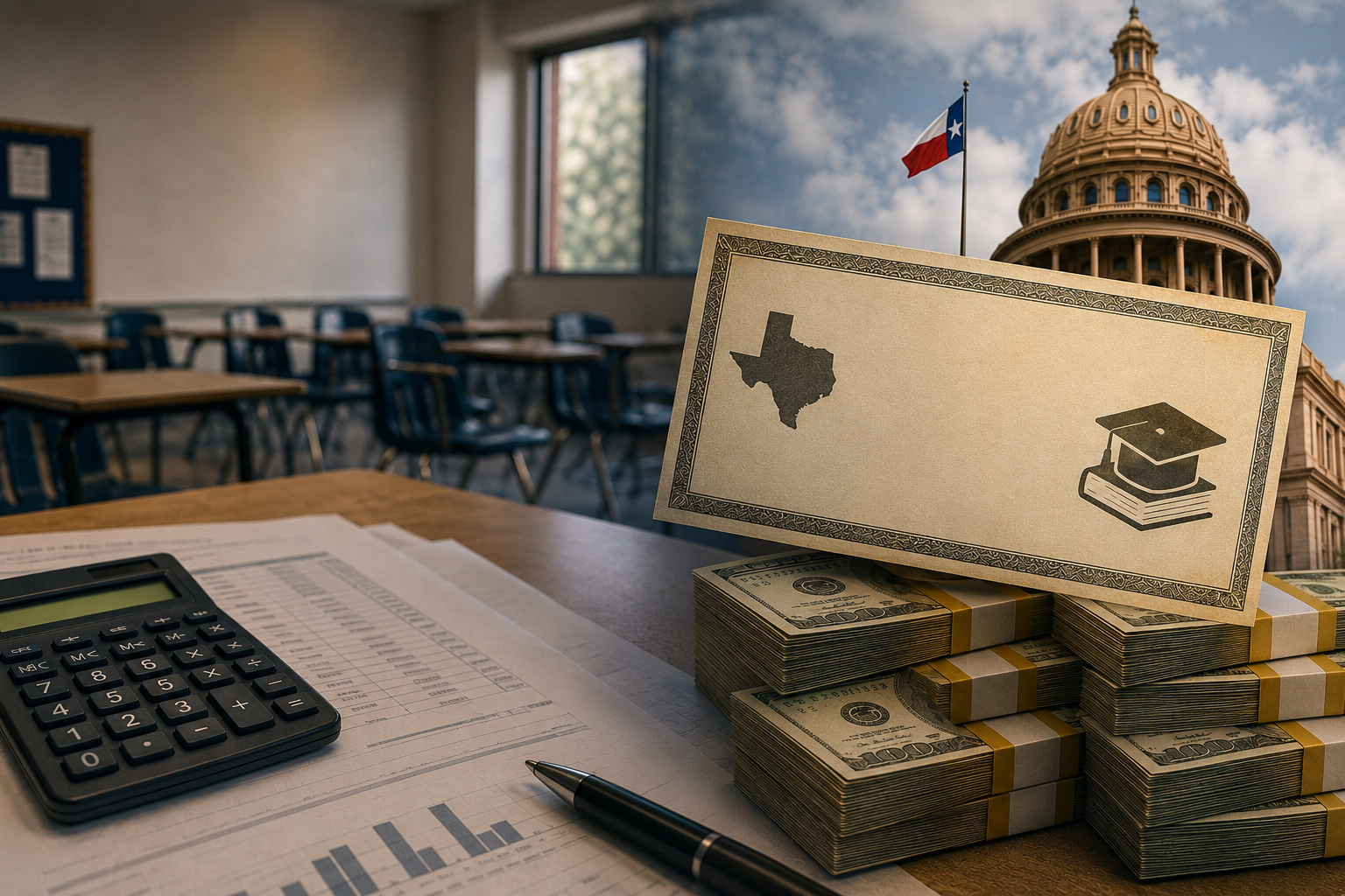 A classroom and Texas Capitol building are shown alongside a voucher document, calculator, financial charts, and stacks of money, illustrating Texas education funding and school voucher policy.