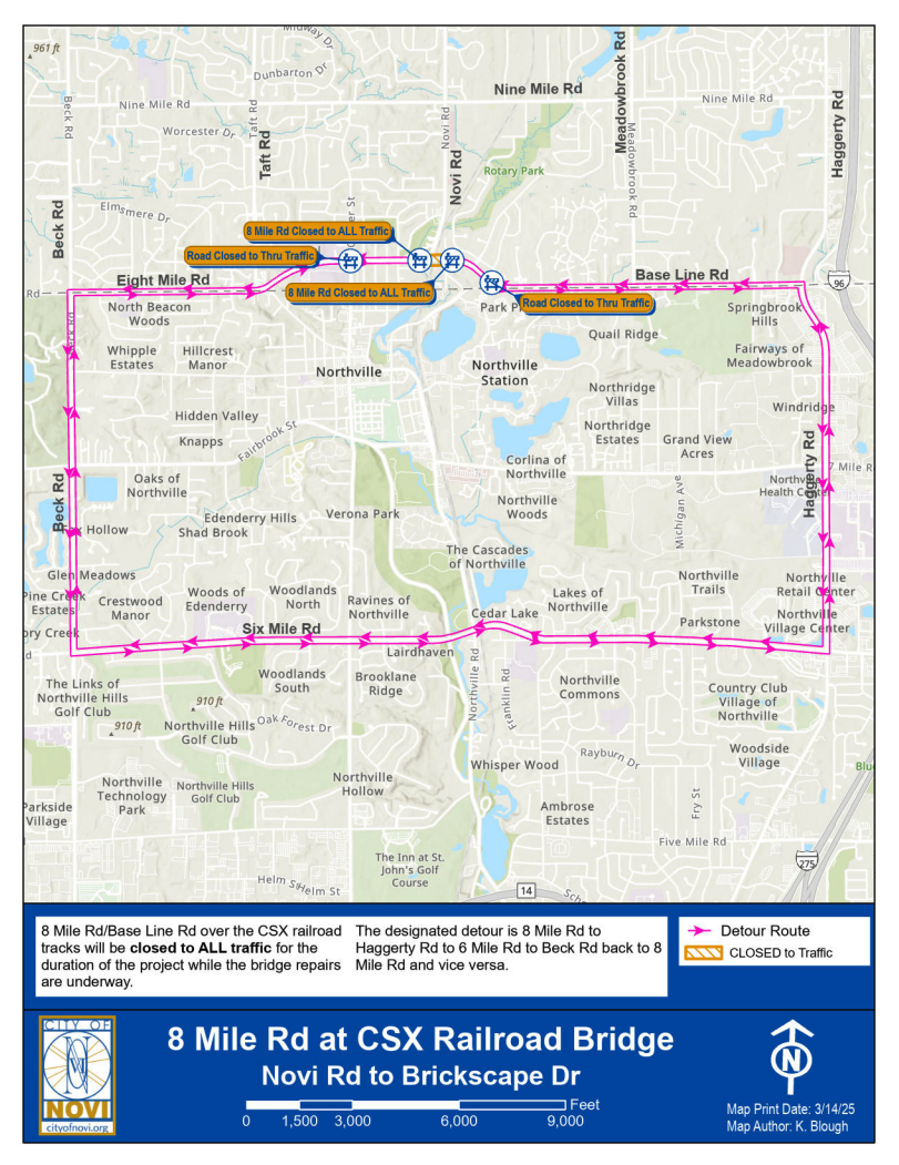 A detour map showing Eight Mile Road closed to all traffic at the CSX Railroad bridge in Northville, with the official detour route marked in pink arrows via Beck Road, Six Mile Road and Haggerty Road.