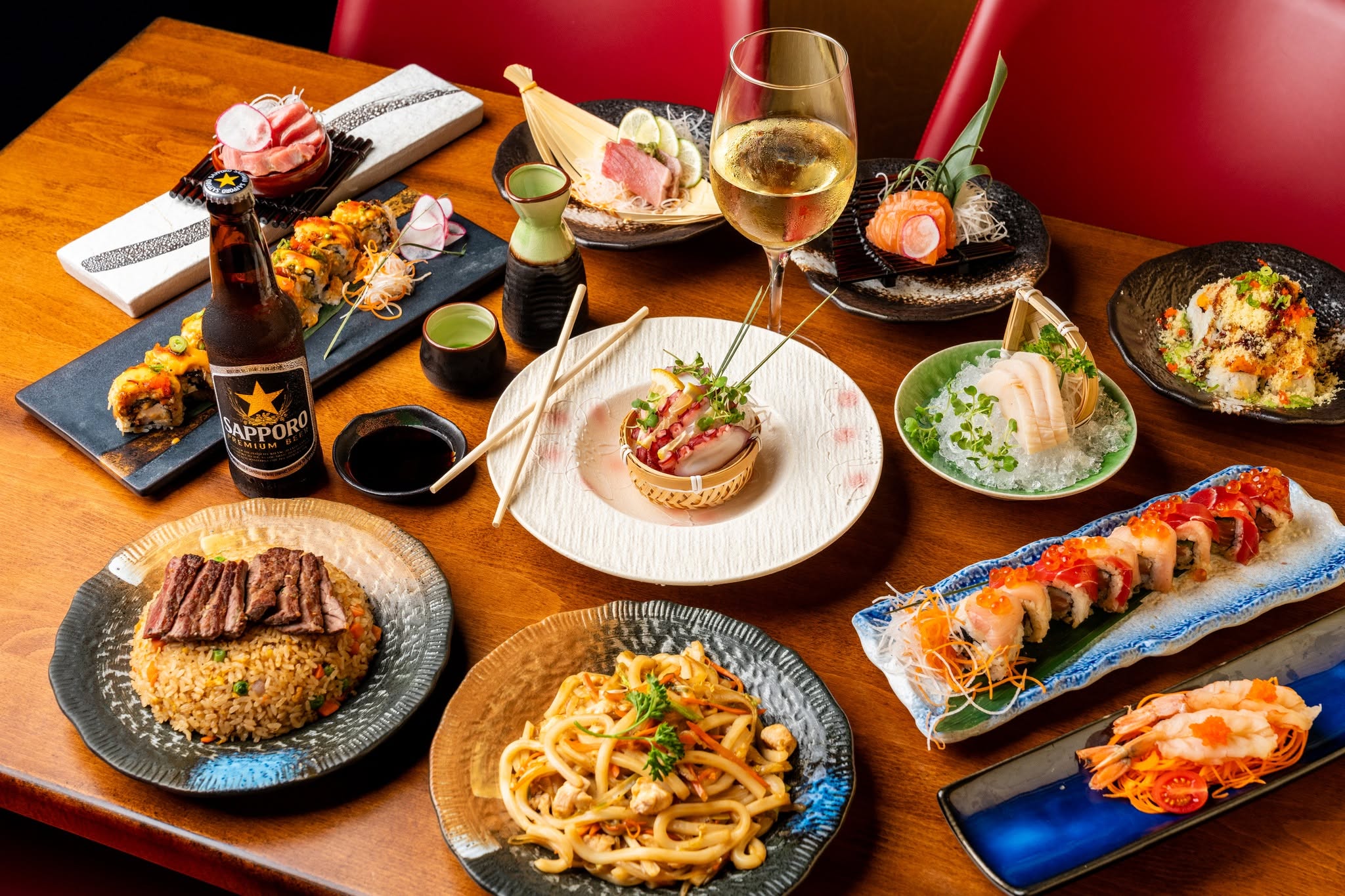 Japanese cuisine spread on table.