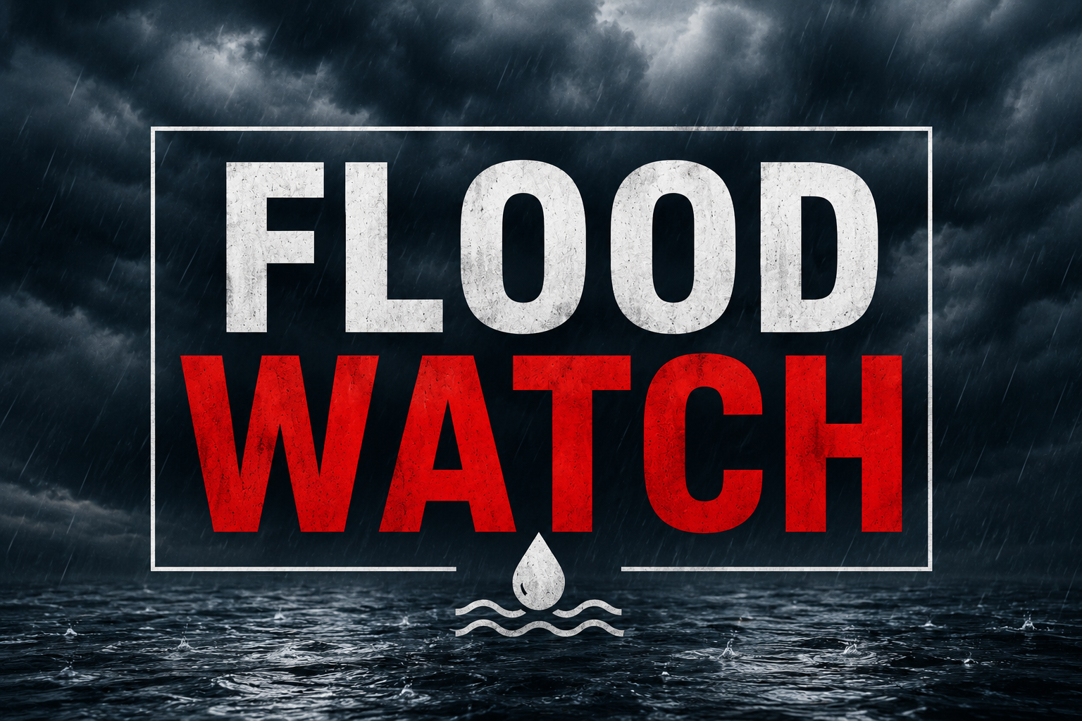 Stormy skies and rain on road showing flood risks with the words "flood watch" in bold.