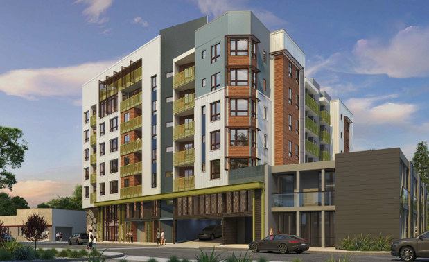 Architectural rendering of a multistory apartment building with balconies above parking levels, viewed from a street corner.