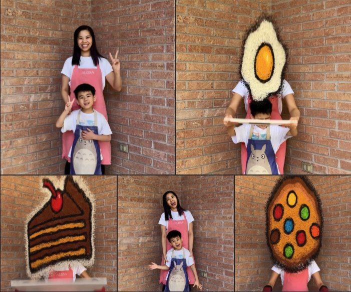 Woman using rice tosses it in the air to make art.
