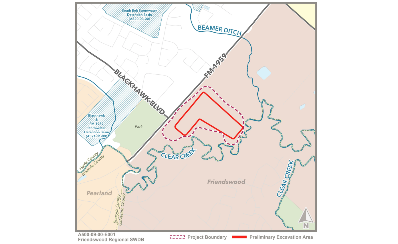 Map showing Friendswood Texas flood basin project lines.