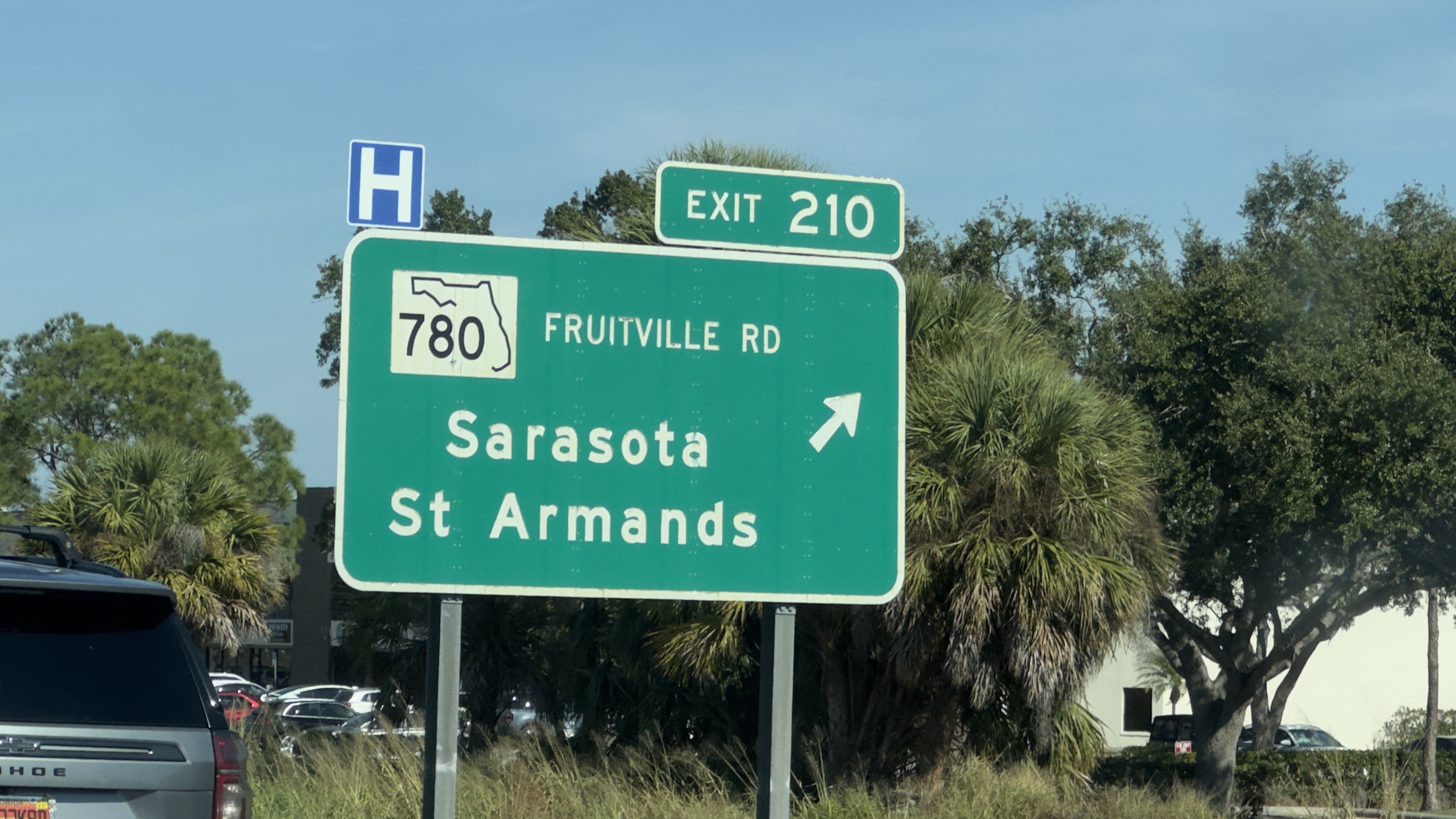 Interstate 75 exit 210 sign for Fruitville Road, Sarasota and St. Armands.