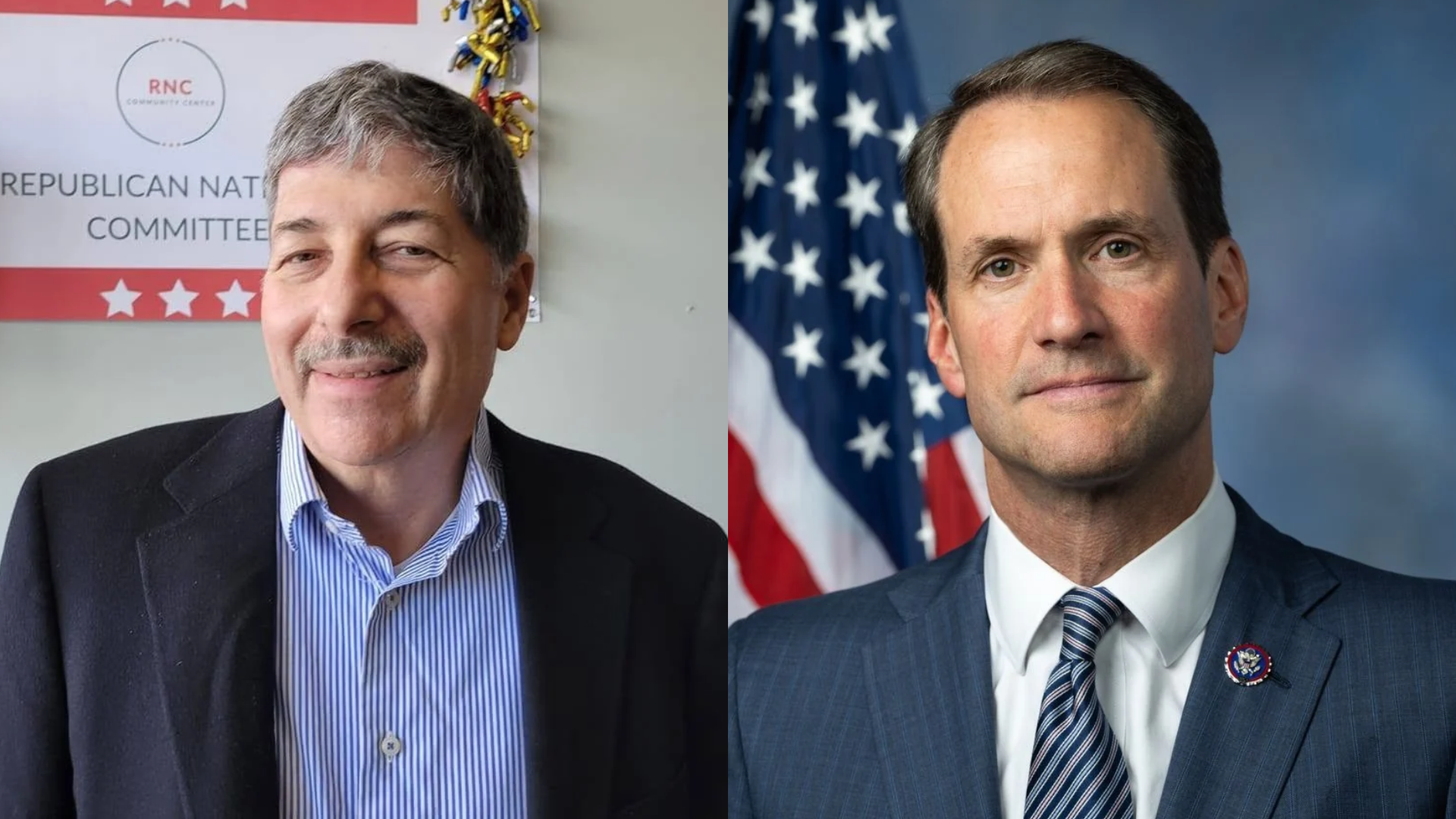 Side-by-side portraits of Republican Michael Goldstein, left, and U.S. Rep. Jim Himes, D-Conn.