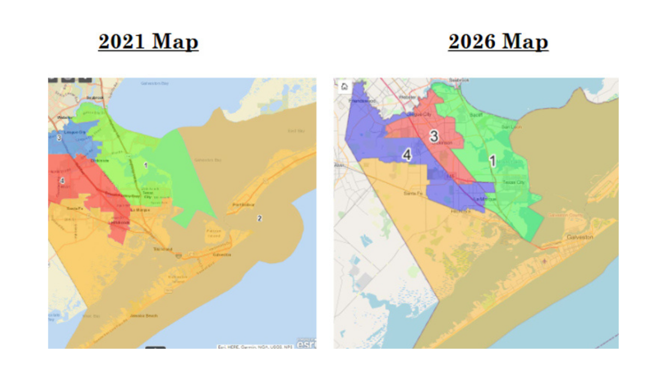Galveston County TX precinct lawsuit map