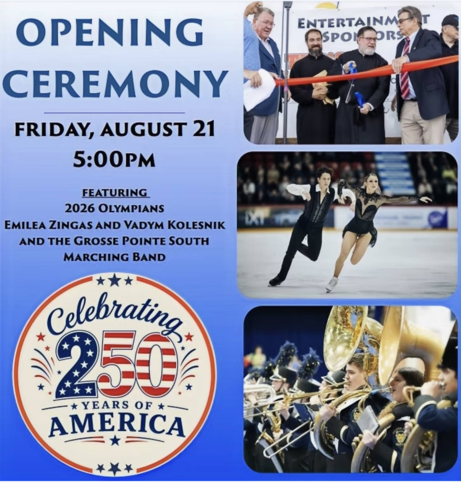 GreekFest opening ceremony graphic featuring 2026 Olympians Emilea Zingas and Vadym Kolesnik, the Grosse Pointe South Marching Band and America’s 250th anniversary.