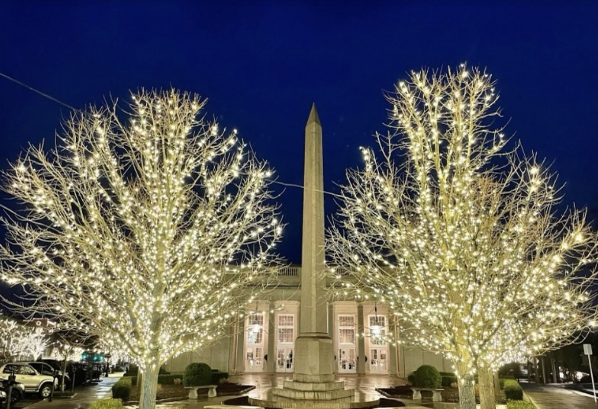 Illuminated trees outside town building and monument.
