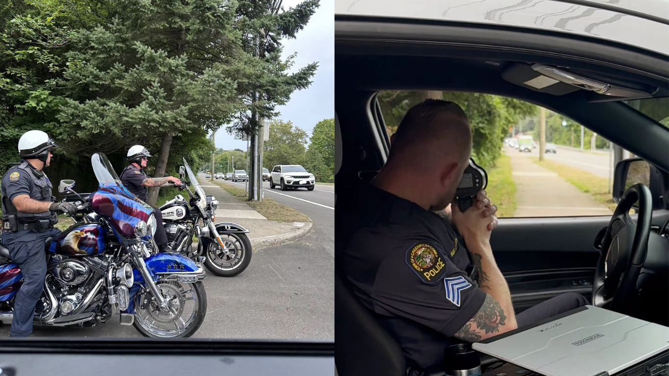 Two police officers on motorcycles and another officer inside a vehicle use radar equipment to monitor traffic along a roadway.