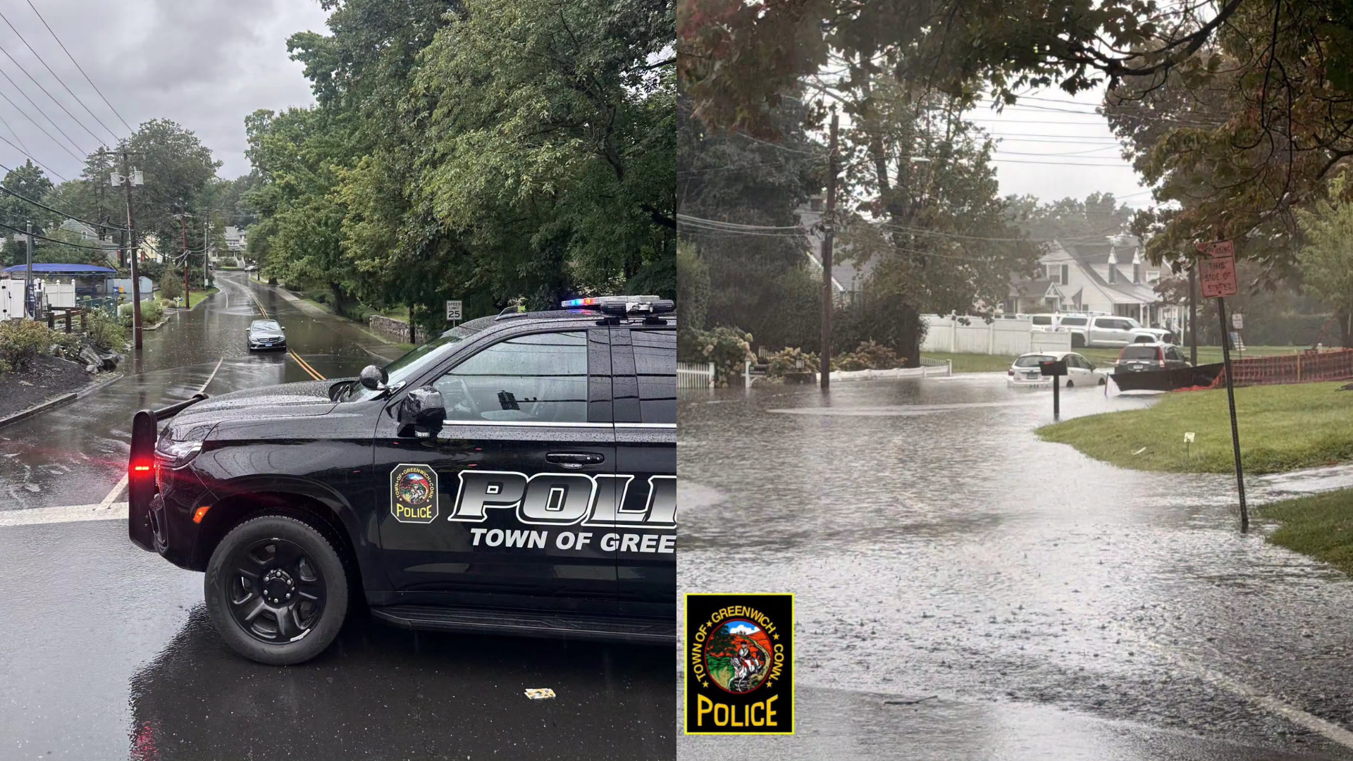 Collage showing flooding on streets in Greenwich CT.