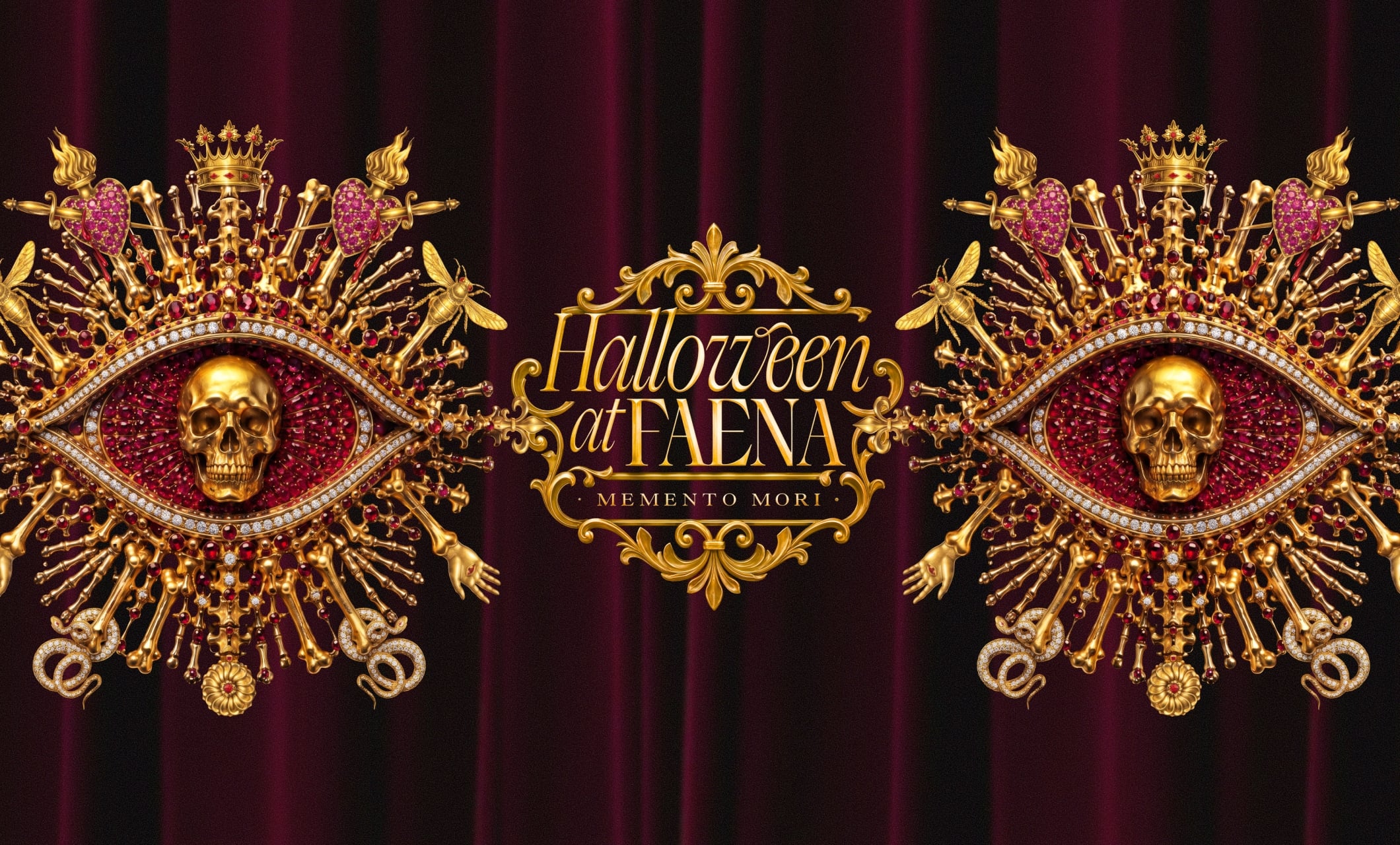 Official Halloween at Faena Memento Mori artwork with gold skulls and jeweled eyes against a dark background.