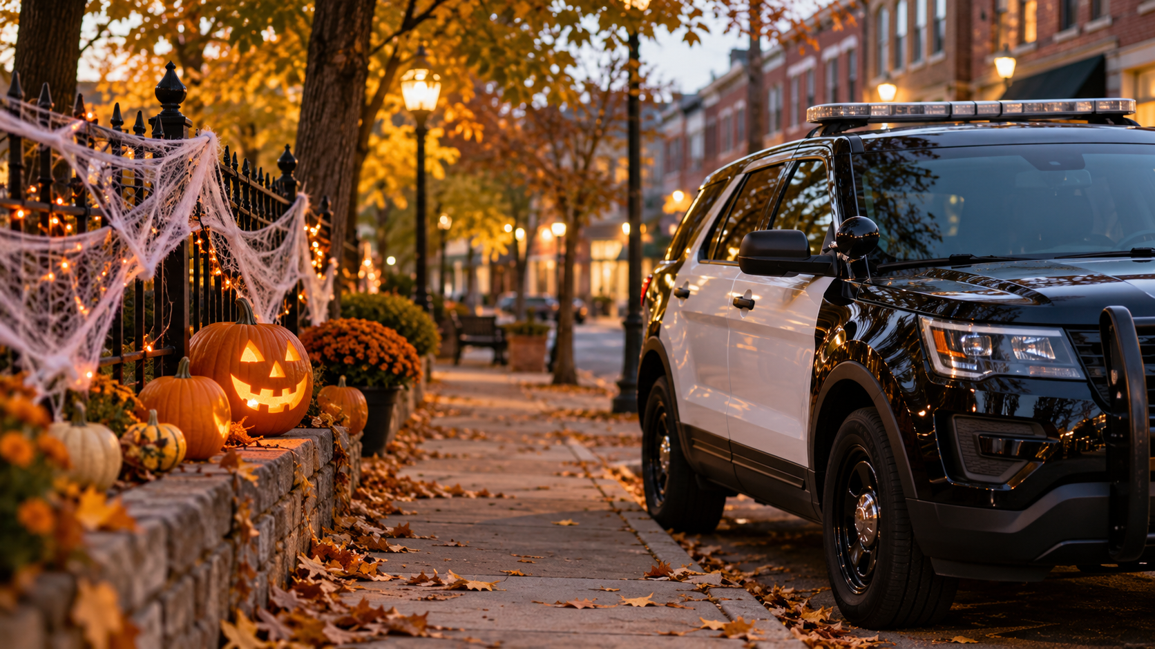 Police cruiser parked beside pumpkins, a glowing jack-o’-lantern and decorative cobwebs along an autumn sidewalk in an AI-generated illustration.