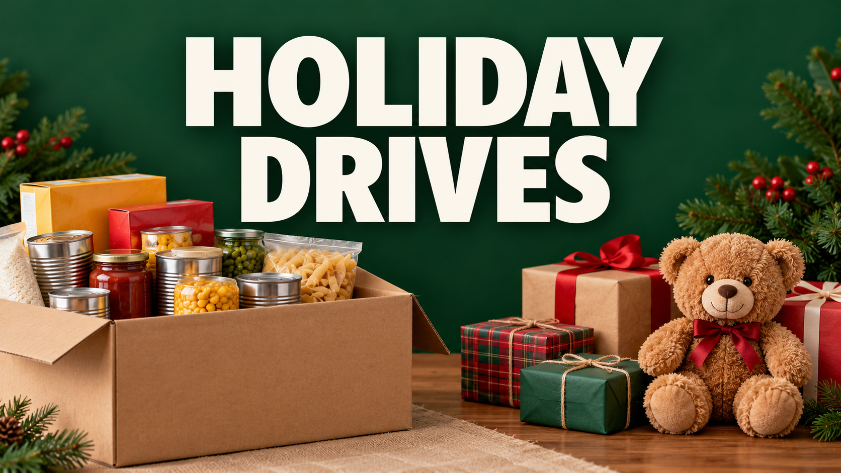 “HOLIDAY DRIVES” above a box of donated food, wrapped gifts and a teddy bear, framed by evergreen branches.